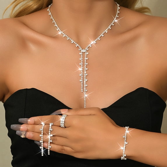 AEXTO Y Shape Bridal Wedding Jewelry Sets Rhinestone Necklace Earrings Bracelet Set Prom Formal Costume Jewelry Sets for Women and Brides