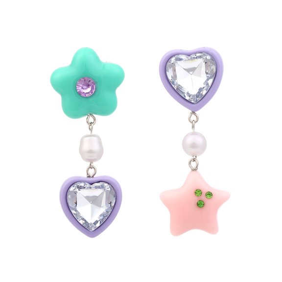 AEXTO Y2K Asymmetric Dangle Earrings, Pastel Acrylic Flower Heart Star Drop Earrings with Rhinestone Inlay & Imitation Pearl, Cute Sweet Statement Earrings for Women