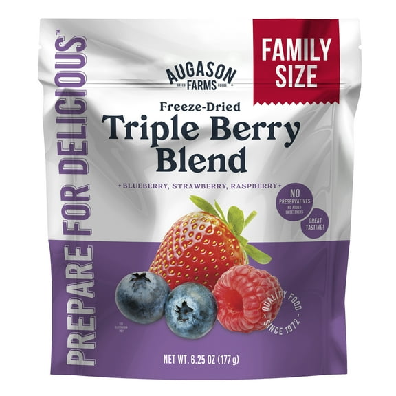 Augason Farms Freeze Dried Triple Berry Blend Family Sized Pouch; Blueberry, strawberry and raspberry; 16 servings; baking; camping; snacks; kid-friendly; smoothies; trail mix; cereal topper; yogurt