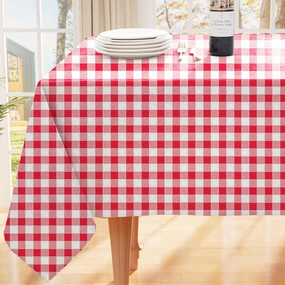 DurableDelights Red and White Checkered Vinyl Tablecloth with Flannel Backing, 60" x 60"