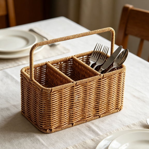 AFABROO Plastic Rattan Caddy with Handle, Divided Storage Bin for Silverware, Makeup, Hardware
