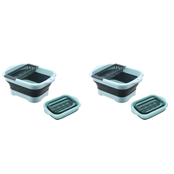AFACUHX Collapsible Dish Basin with Drain Plug Portable Sink Space Saving Outdoor Multiuse Foldable Flume Tub Dishpan Kitchen Storage Tray for Vegetable Washing Camping RV 2PC (Blue)