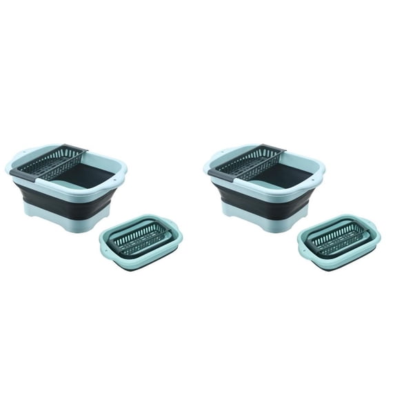 AFACUHX Collapsible Dish Basin with Drain Plug Portable Sink Space Saving Outdoor Multiuse Foldable Flume Tub Dishpan Kitchen Storage Tray for Vegetable Washing Camping RV 2PC (Blue)
