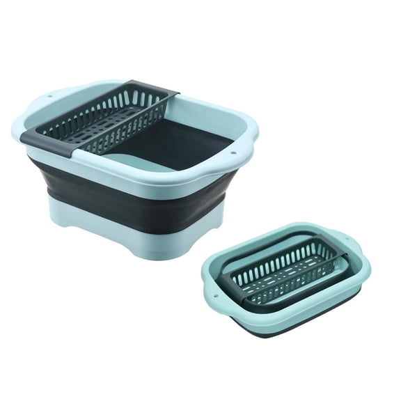 AFACUHX Collapsible Dish Basin with Drain Plug Portable Sink Space Saving Outdoor Multiuse Foldable Flume Tub Dishpan Kitchen Storage Tray for Vegetable Washing Camping RV 1PC (Blue)