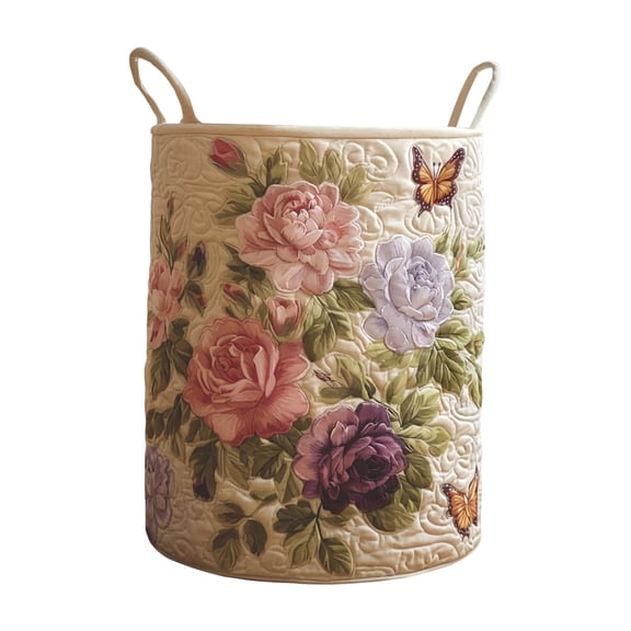 AFACUHX Quilted Laundry Basket Large Capacity Foldable Boho Fabric Floral Storage Hamper with Handles for Home Bedroom Bathroom Laundry Room Organization Storage (14" x 18")