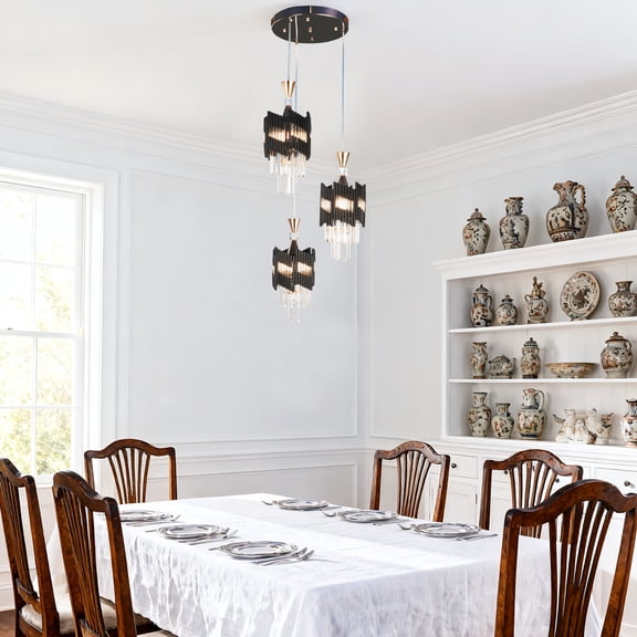 AFANQI A 14-inch retro European-style chandelier, featuring a black, round, slanted three-head design, suitable for lighting in dining rooms, bedrooms, and living rooms.