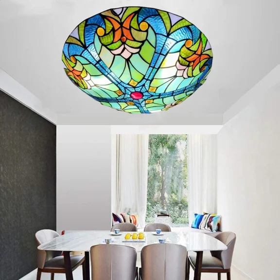 AFANQI 16" Stained Glass Chandelier Flush Mount Ceiling Light Handmade Fixture