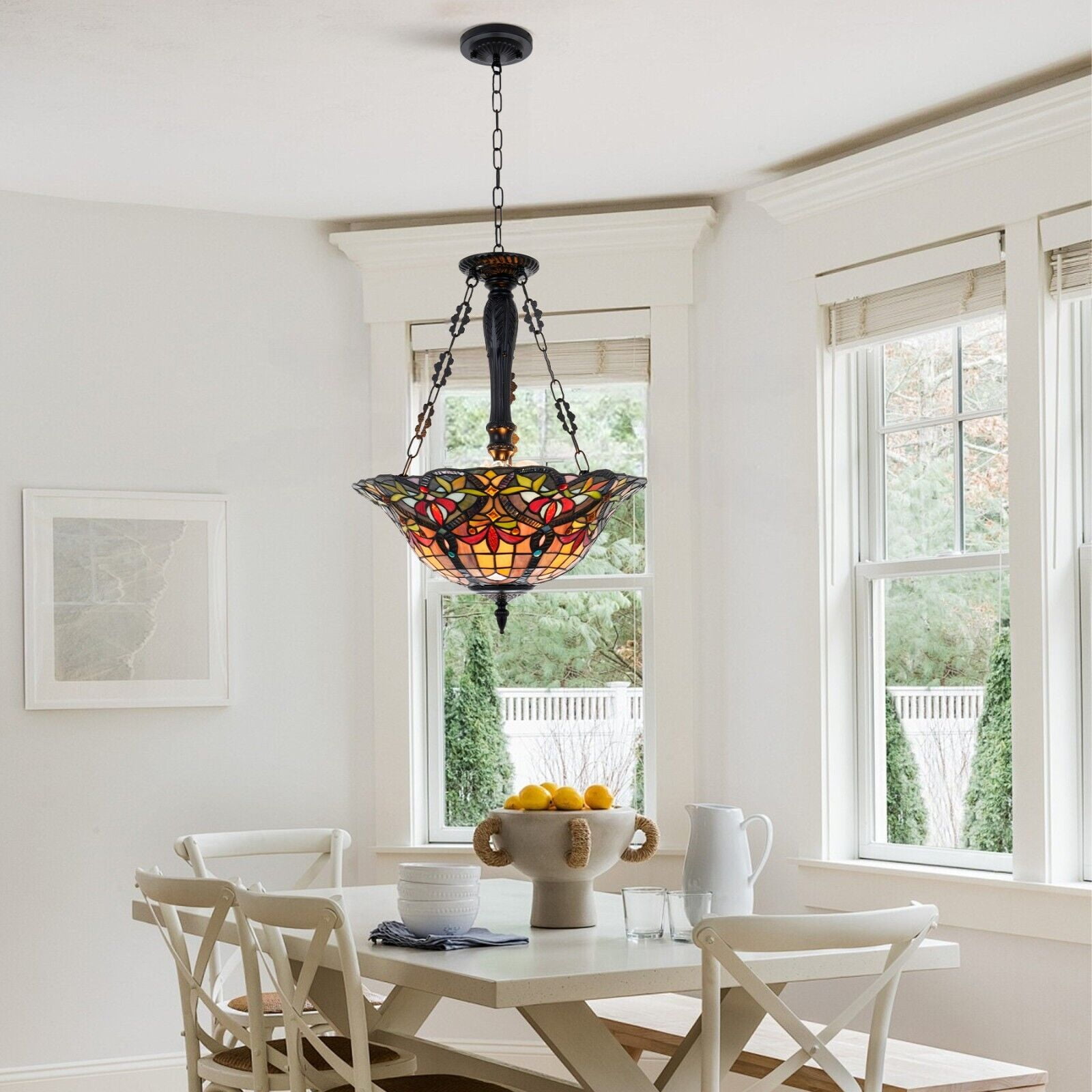 AFANQI 18 inch Tiffany Style Chandelier, 3 Light Stained Glass Dining Room Hanging Chandelier