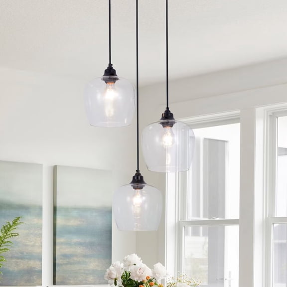 AFANQI 3 Light Pendant Fixture with Clear Glass Shade, Matte Black Kitchen Light Fixture, Ceiling Suspension Lighting for Dining Room, Hallway, Bedroom, Bar