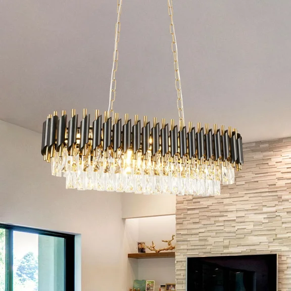 AFANQI 31.5" Modern Black Gold Crystal Chandelier Dining Ceiling Light