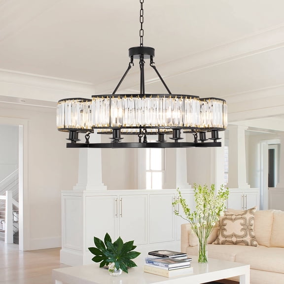 AFANQI 34" Vintage Crystal Chandeliers Black Flush Mount Ceiling Light, Retro Round 8-Light Pendant Lighting Fixture for Kitchen Island,Living Dining Room