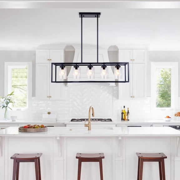 AFANQI 37 Inch 5 Light Black Rectangular Pendant Lightwith Clear Glass Shade Hanging Linear Pendant Lightfor Dining Room Kitchen Island Bedroom