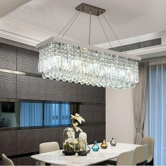 AFANQI 39 Inch Modern Living Room Rectangular Crystal Chandelier, 5-Light Chrome Suspended Ceiling Lighting Fixture