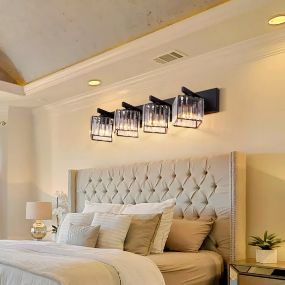 AFANQI 4-Head Black Square Crystal Shade Mirror Front Lamp for Bedroom Dining Table