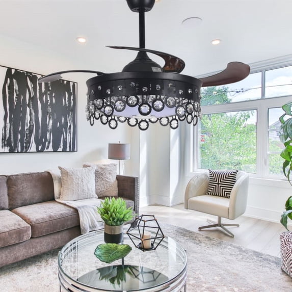 AFANQI 42" Black Modern Fandelier Ceiling Fan with Light Remote, Retractable Bluetooth Ceiling Fan with 7 Colors Silent Motor Crystal Chandelier