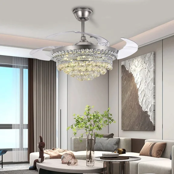 AFANQI 42" Chrome Invisible Ceiling Fan 3-Color Light Crystal Chandelier Remote 3 Speed