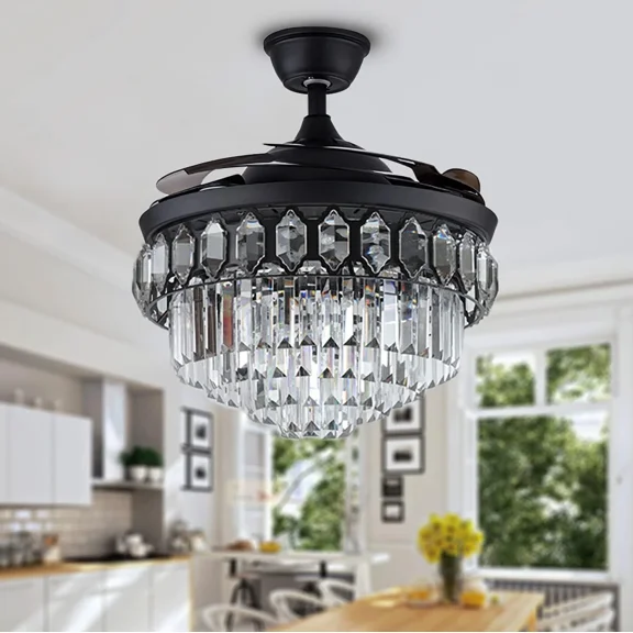 AFANQI 42" Crystal Ceiling Fan Lamp Retractable Fandelier Remote LED 3-Color Chandelier