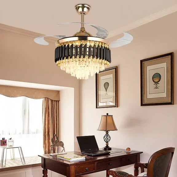 AFANQI 42" Crystal Ceiling Fan Light Remote Control Chandelier Retractable Fandelier