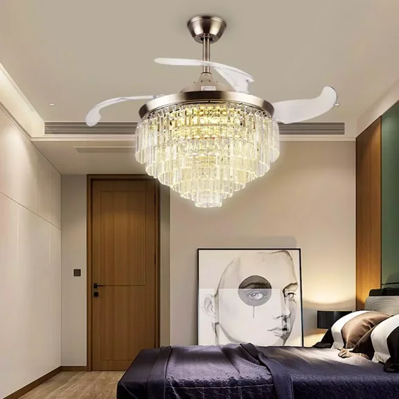 AFANQI 42" Crystal LED Invisible Ceiling Fan Light Chandelier Lamp Remote 3 Color