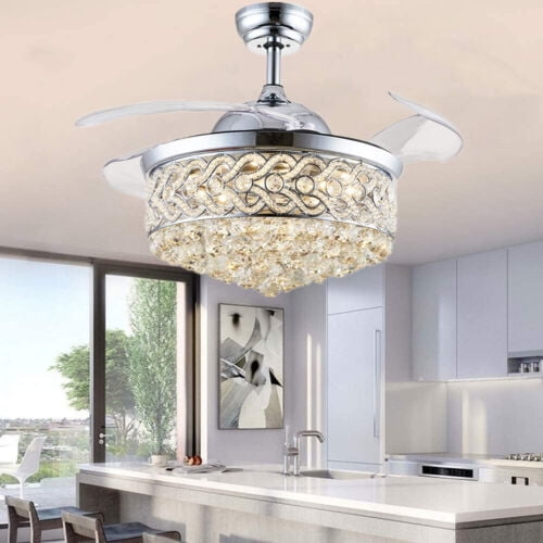 AFANQI 42 Inch Crystal Ceiling Fans Fandelier with Lights, LED 3 Color Remote Control Retractable Invisible Blades