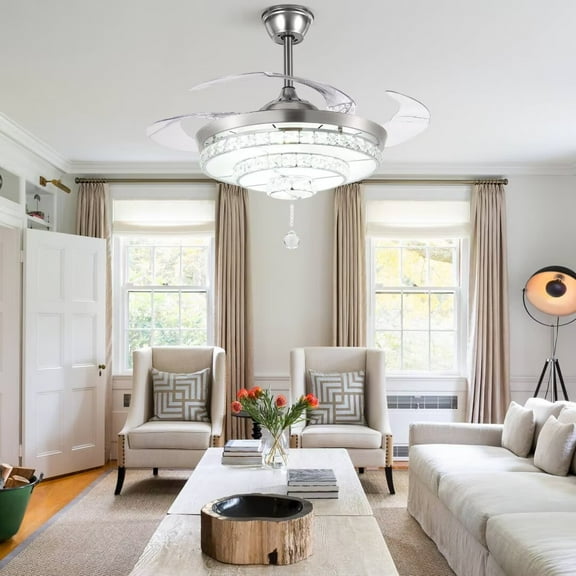 AFANQI 42 Inch LED Silver Crystal Ceiling Fan Light, Modern Dining Room 4 Blade Ceiling Fan with Remote Control