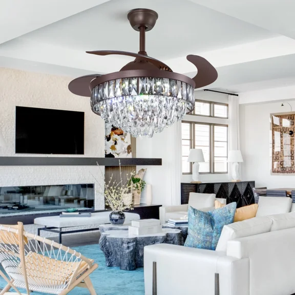 AFANQI 42" Modern Crystal Chandelier LED Light Retractable Ceiling Fan 3-Speed Remote