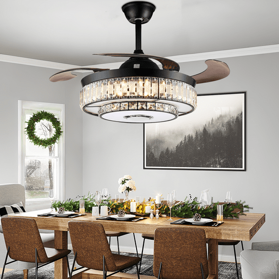 AFANQI 42" Reversible Ceiling Fan with Bluetooth Speaker Crystal Modern Invisible Fan with Light Remote and APP Control