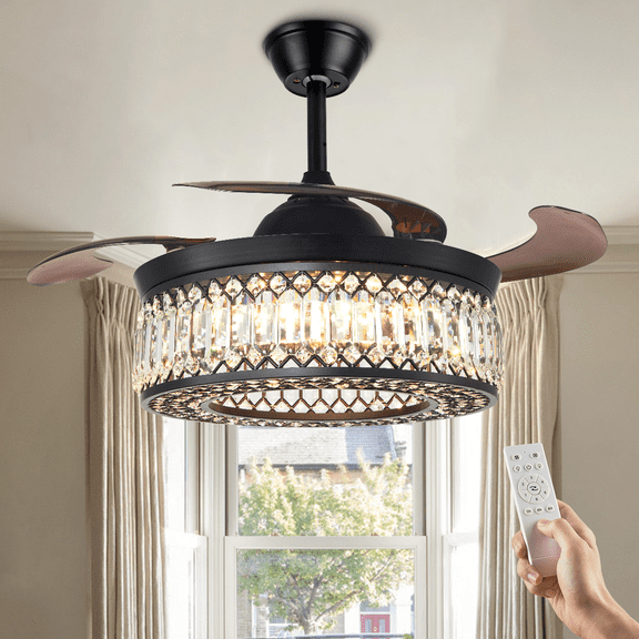 AFANQI 42 Reversible Crystal Ceiling Fans with Lights, Modern Retractable Invisible Chandelier Ceiling Fan with Remote 6 Speed