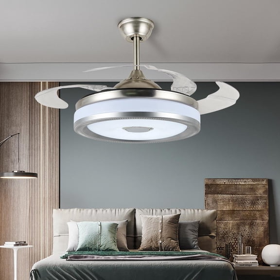 AFANQI 42"  Smart Bluetooth Speaker Ceiling Fan with Light,Modern Remote Fandelier 7-Color 3-Speed Chandelier Fan Light Fixtuer for Living Room Bedroom Silver