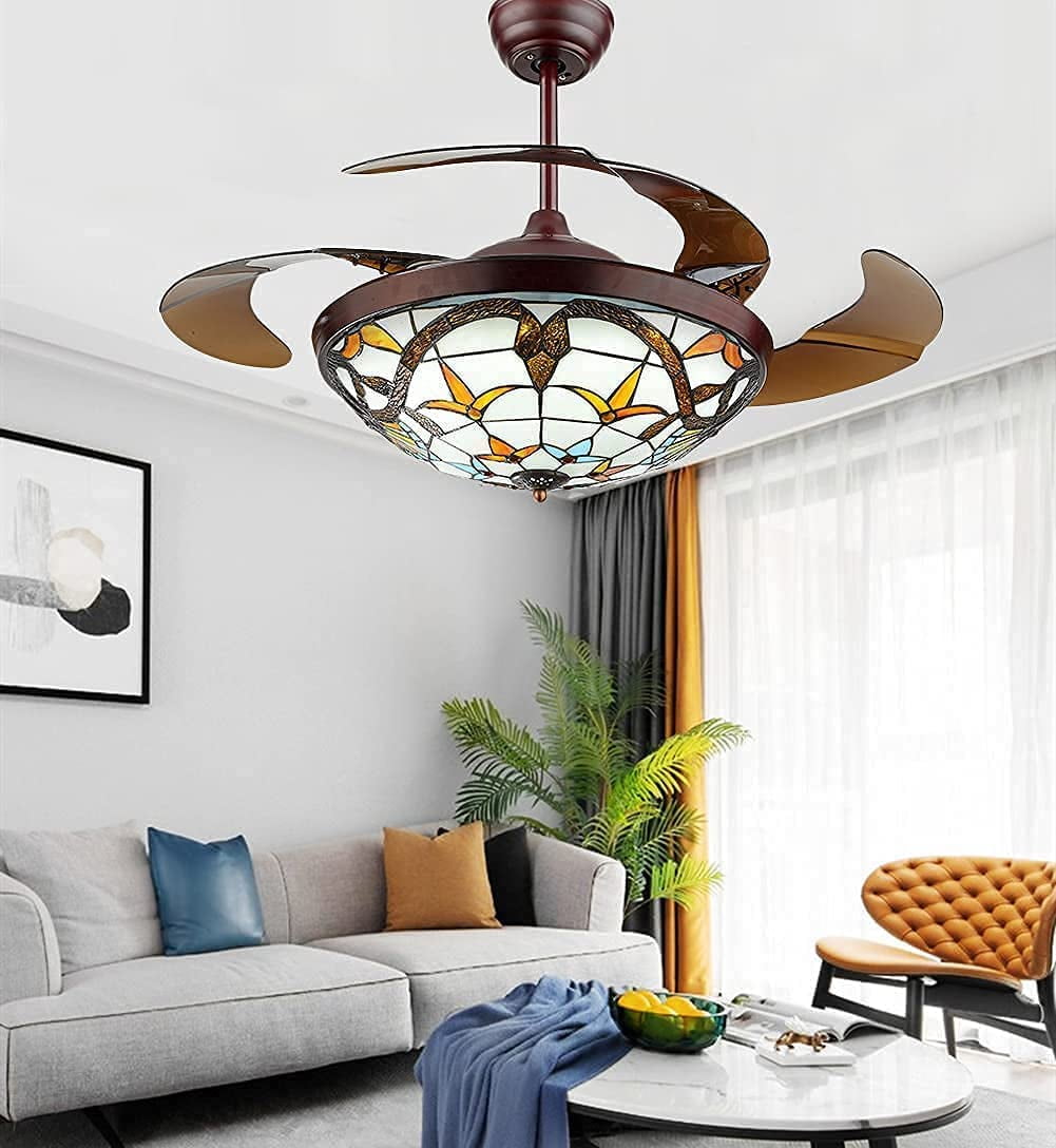 AFANQI 42” Tiffany Style Ceiling Fan with Light, Remote Control Classic LED Chandelier Retractable Blades 3 Light Changes Fandelier Lighting Fixture with Craft-Made Colorful Glass Lamp