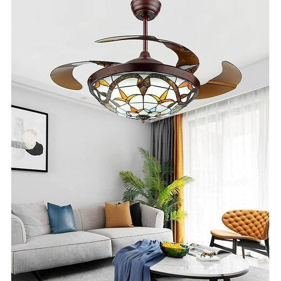 AFANQI 42 Tiffany Style Ceiling Fan with Light, Remote Control Classic LED Chandelier Retractable Blades 3 Light Changes Fandelier Lighting Fixture with Craft-Made Colorful Glass Lamp