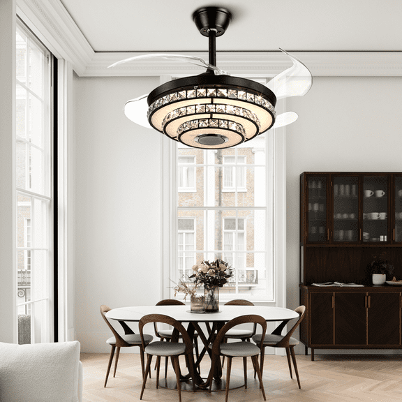 AFANQI 42 inch Modern Retractable Ceiling Fan with Lights and Remote control 6Speed Fandelier Smart Ceiling Fan Light with Bluetooth Speaker RGB Color LED Lights Reversible Bedroom Living Room