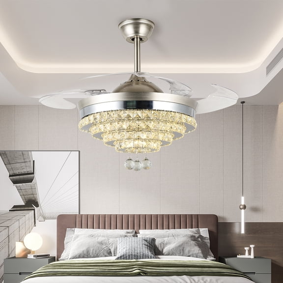 AFANQI 42inch Modern Crystal Ceiling Fan for Living Room,Retractable Bladeless Ceiling Fan Chandelier with Light Remote Control