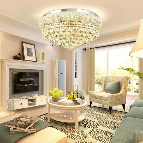 AFANQI 5-Light Silver Crystal Chandelier Flush Mount Ceiling Light Fixture for Dining Room Living Room Foyer Kitchen Entryway Hallway Bedroom 23.6" E14 Base