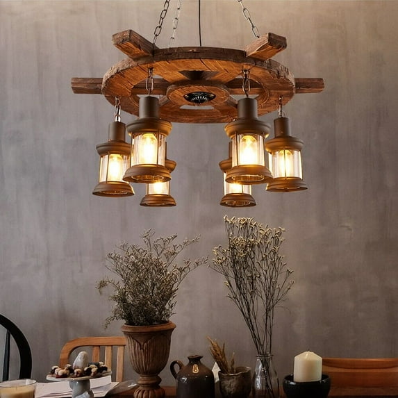 AFANQI 6 Lights Industrial Wooden Hanging Lighting, Dia 27 inch Metal Chandelier Farmhouse Vintage Pendant Lamp Fixture Glass Lampshade