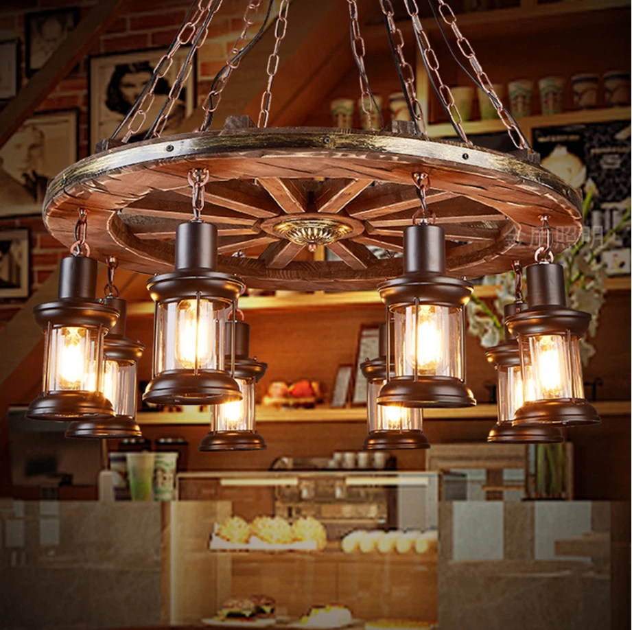 AFANQI 8-Lights Vintage Pendant Light Wagon Wheel Chandelier Pendant Ceiling Fixtures
