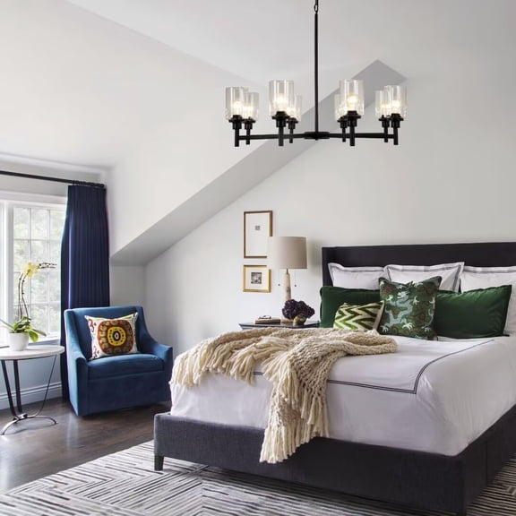 AFANQI 8-light vintage living room metal glass chandelier, E26 black chandelier