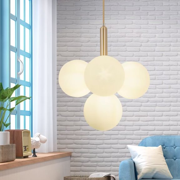 AFANQI Creamy white globe lampshade chandelier, modern gold finish living room chandelier