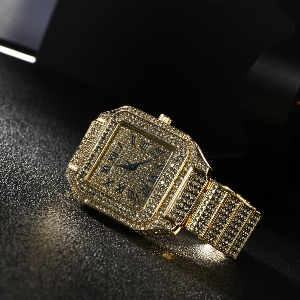 AFANQI Crystal Imitation Diamond Watches, Gold Plated Cuban Watches, Square Dial Quartz Wristbands, Analog Wristwatches for Men and Women