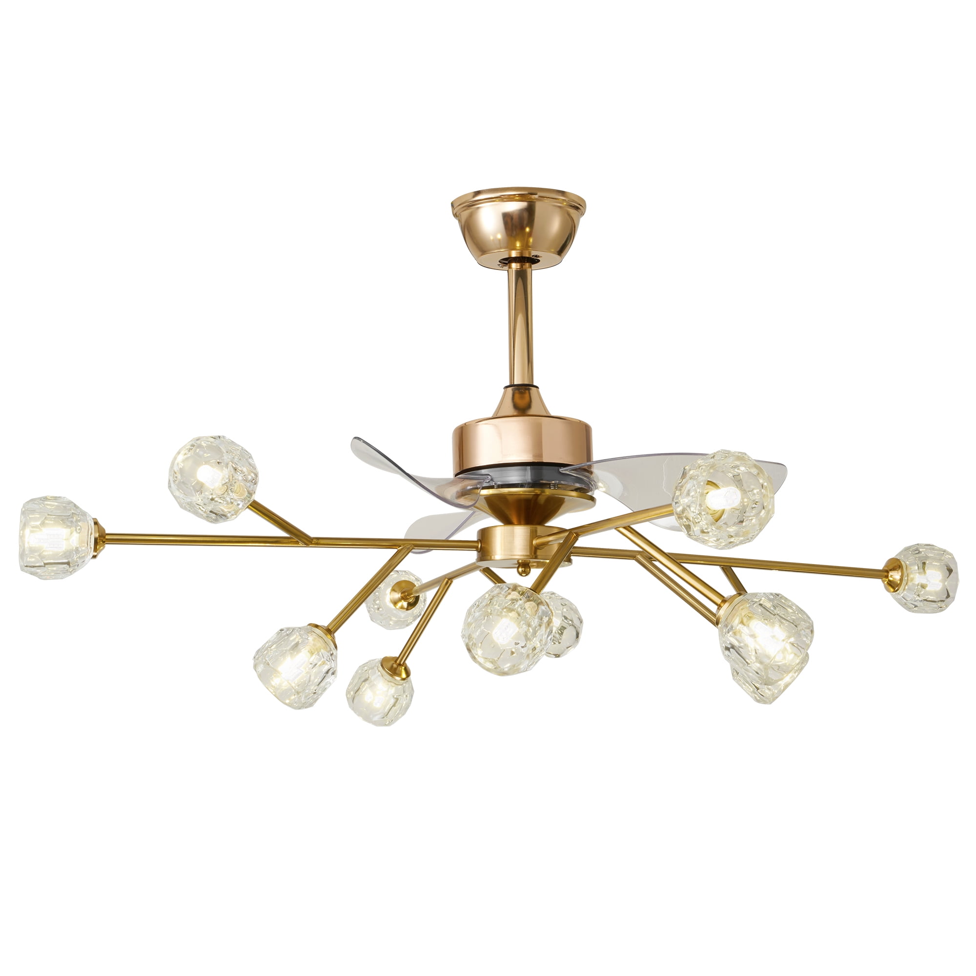 AFANQI Gold Sputnik Crystal Chandelier Fan, Low Profile Fandelier, Bladeless Ceiling Fan Light Kit for Living Room Bedroom