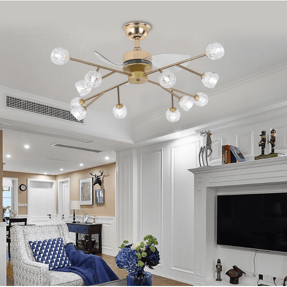AFANQI Gold Sputnik Crystal Chandelier Fan, Low Profile Fandelier, Bladeless Ceiling Fan Light Kit for Living Room Bedroom