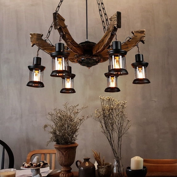 AFANQI Industrial Hanging Lantern Chandelier 6 Lights Loft Wooden Arrow Pendant Lighting Fixture for Kitchen Bar Restaurant