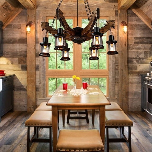 AFANQI Industrial Hanging Lantern Chandelier 6 Lights Loft Wooden Arrow Pendant Lighting Fixture for Kitchen Bar Restaurant