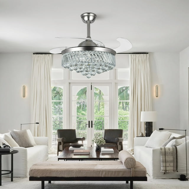 AFANQI Modern 42" Crystal Ceiling Fan with Light, Remote Control Fandelier Chandelier with Fan 3 Color 3 Speed Light Fixture for Living Dining Room Chrome Finish