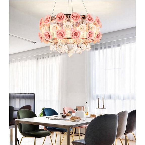 AFANQI Modern Pink Crystal Chandelier Romantic Rose Flower Ceiling Light Home Pendant