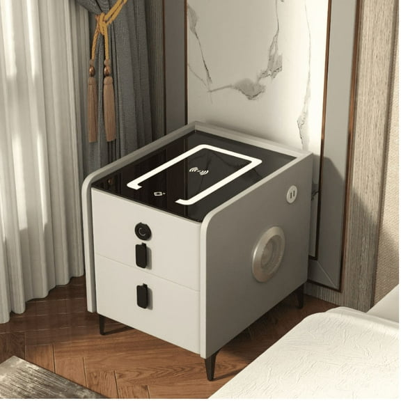 AFANQI Modern Nightstand with Wireless Charging, Smart Gloss Light, Glass Top
