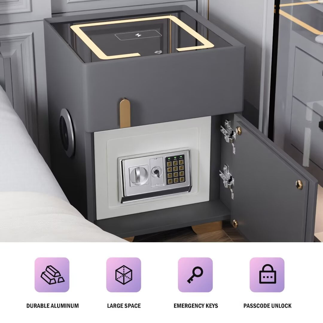 AFANQI Nightstand With Safe Box And Led Lights And Wireless Charge And Bluetooth Speaker