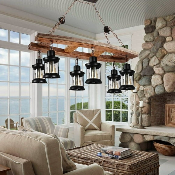 AFANQI Retro Farmhouse Chandelier, Industrial Wood Beam Pendant Light Metal Glass Lampshade Hanging Lighting Fixture for Kitchen Island Pool Table Bar