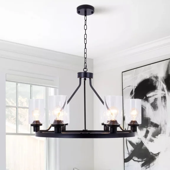 AFANQI Retro Wagon Wheel Chandelier 6-Lights Glass Pendant Lamp Hanging Ceiling Fixture