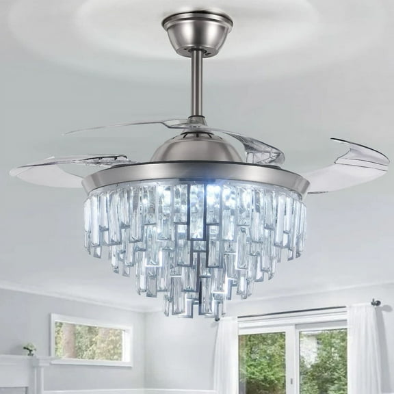 AFANQI Silver 42" Invisible LED 3-Color Chandelier Crystal Ceiling Fan Remote 3-Speeds